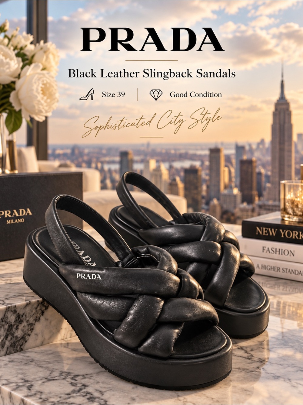 Prada Napa sling back sz 39- 8.5 black leather sandal